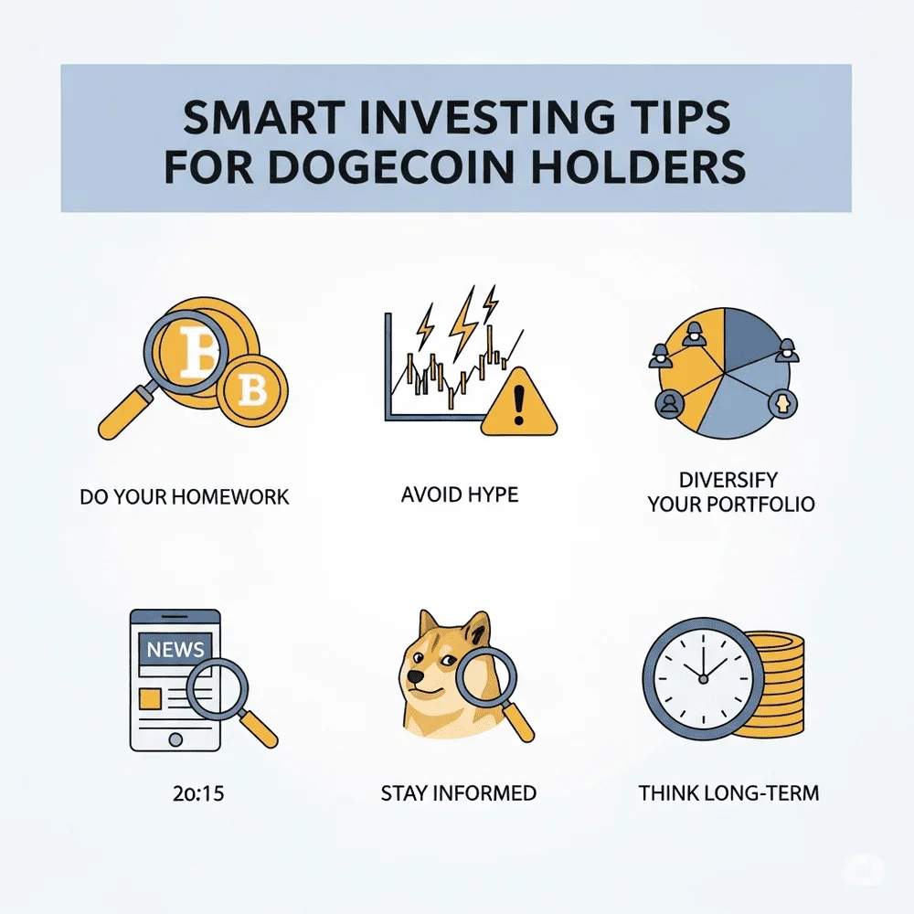 Infographic showing top 5 investor tips for Dogecoin including research, avoiding hype, diversification, staying informed, and thinking long-term 
