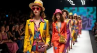 A vibrant runway showcasing Jeremy Scott’s bold fashion creations with models in colorful, playful outfits.