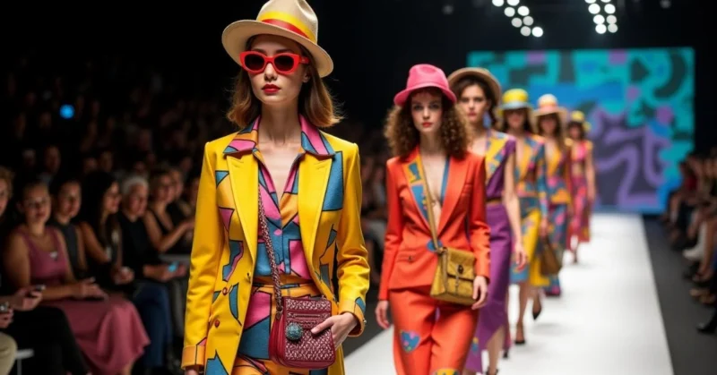 A vibrant runway showcasing Jeremy Scott’s bold fashion creations with models in colorful, playful outfits.