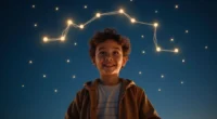 Illustration of a young person under a night sky with glowing Gemini constellation representing June 14 birthday zodiac sign.