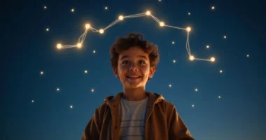 Illustration of a young person under a night sky with glowing Gemini constellation representing June 14 birthday zodiac sign.