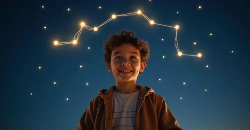 Illustration of a young person under a night sky with glowing Gemini constellation representing June 14 birthday zodiac sign.
