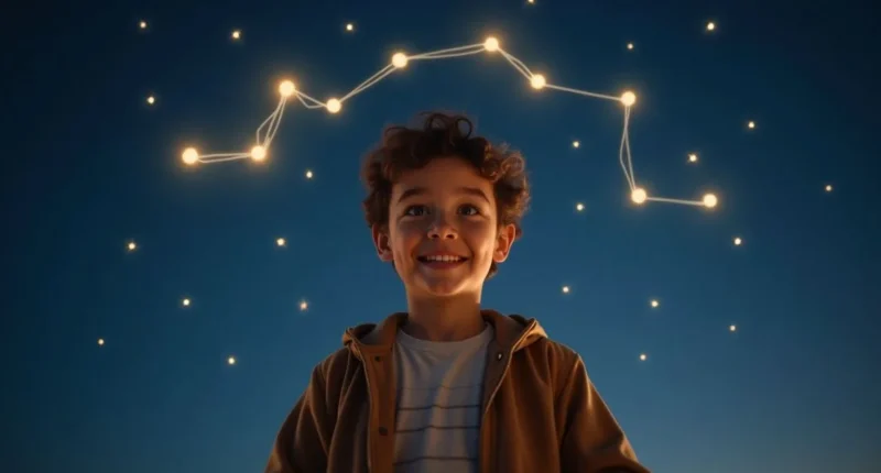 Illustration of a young person under a night sky with glowing Gemini constellation representing June 14 birthday zodiac sign.