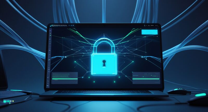 Futuristic computer screen with glowing security lock, network lines, and virtual workspace interface showing safe remote desktop connection.