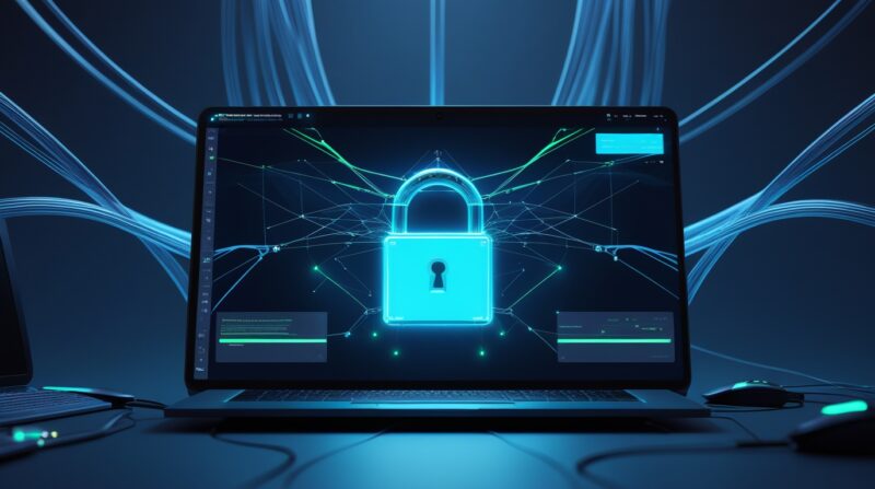 Futuristic computer screen with glowing security lock, network lines, and virtual workspace interface showing safe remote desktop connection.