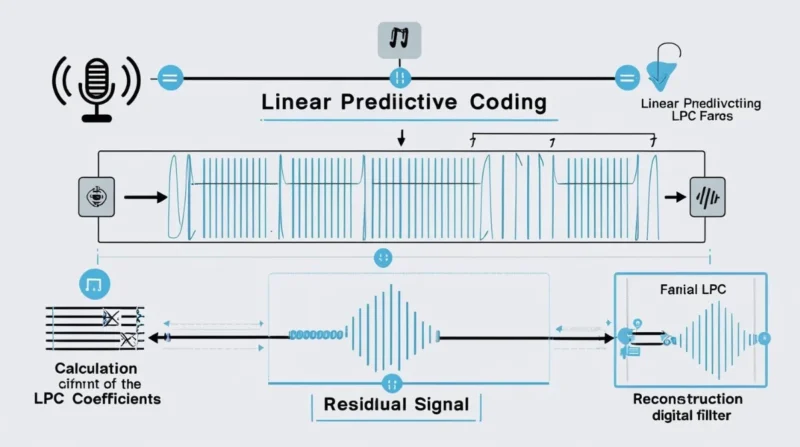Diagram showing how linear predictive coding predicts speech using past audio samples, including frames, LPC coefficients, and a filter process.