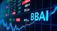 BBAI stock price chart showing market trends and AI graphics