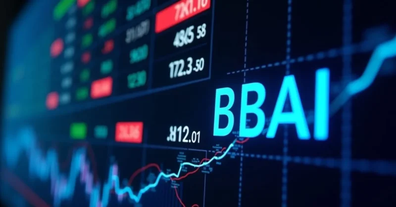 BBAI stock price chart showing market trends and AI graphics