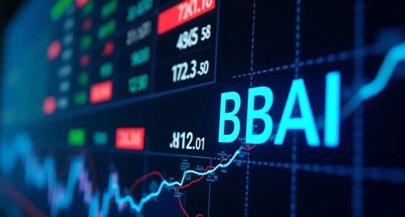 BBAI stock price chart showing market trends and AI graphics