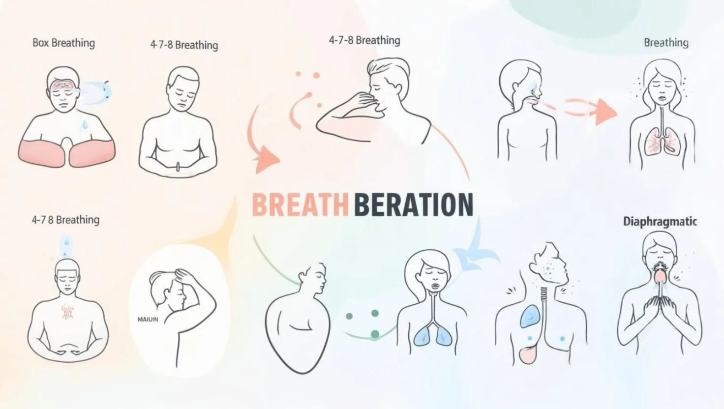 Illustration showing various breathing techniques including Box Breathing, 4-7-8 Breathing, Basic Breathing, and Diaphragmatic Breathing. Each technique is represented with a simple line drawing of a person demonstrating the breathwork method. The central title reads "BREATHBERATION" surrounded by arrows and symbols depicting airflow and calmness. Techniques highlight different postures, inhale-exhale patterns, and the focus on lungs and diaphragm.