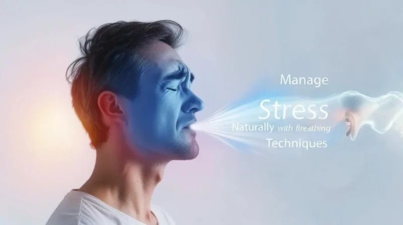 Man practicing breathing techniques to manage stress naturally with calming blue tones