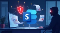 Digital image showing Microsoft SharePoint logo with cybersecurity warning and data vulnerability symbols