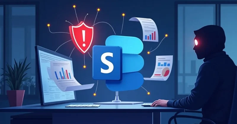 Digital image showing Microsoft SharePoint logo with cybersecurity warning and data vulnerability symbols
