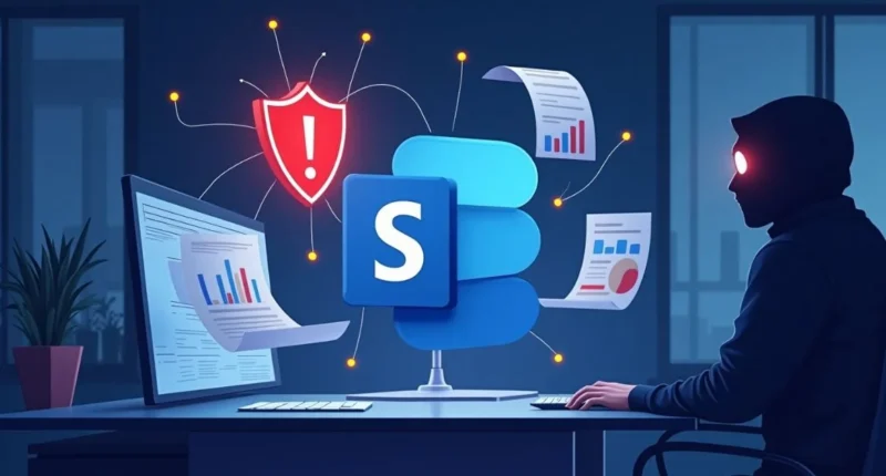 Digital image showing Microsoft SharePoint logo with cybersecurity warning and data vulnerability symbols