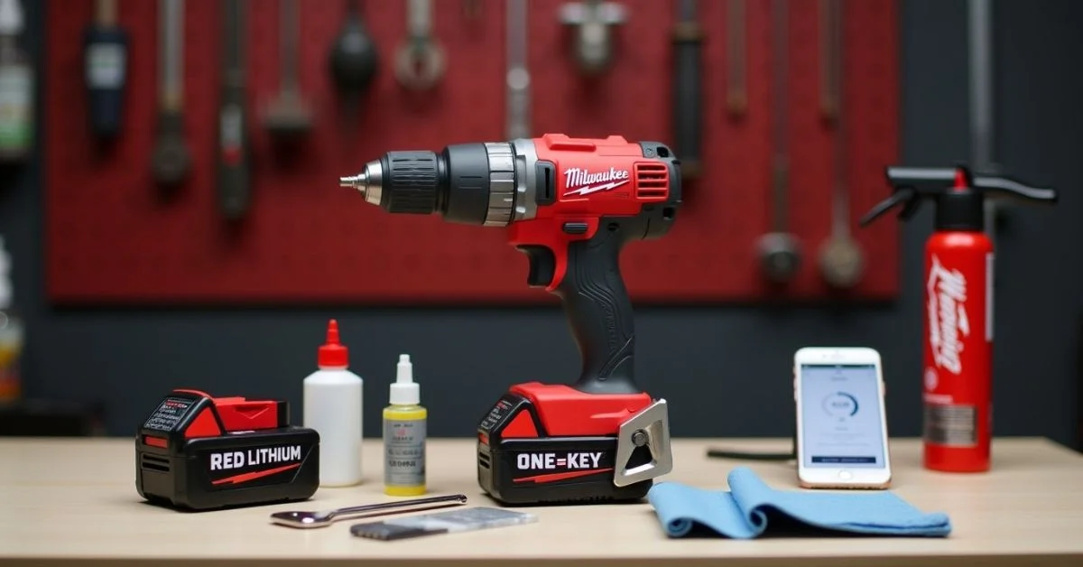 Milwaukee cordless drill with maintenance tools, RedLithium battery, and ONE-KEY app on a smartphone in a clean workshop setting.