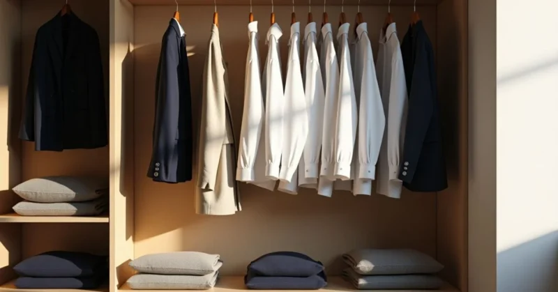Flat lay of minimalist wardrobe essentials including classic clothing, shoes, and accessories in neutral tones.