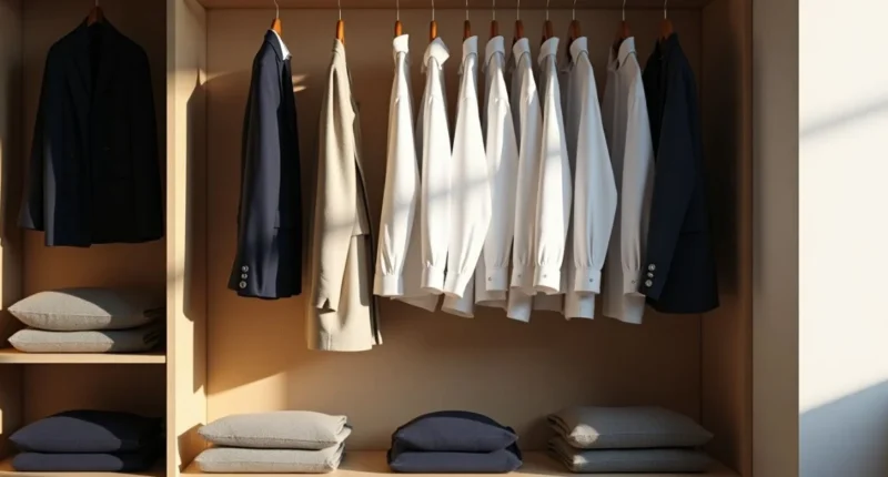 Flat lay of minimalist wardrobe essentials including classic clothing, shoes, and accessories in neutral tones.