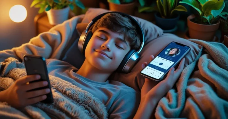 Teen sleeping peacefully with headphones in a cozy bedroom.