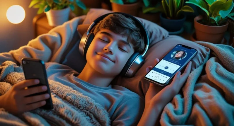 Teen sleeping peacefully with headphones in a cozy bedroom.