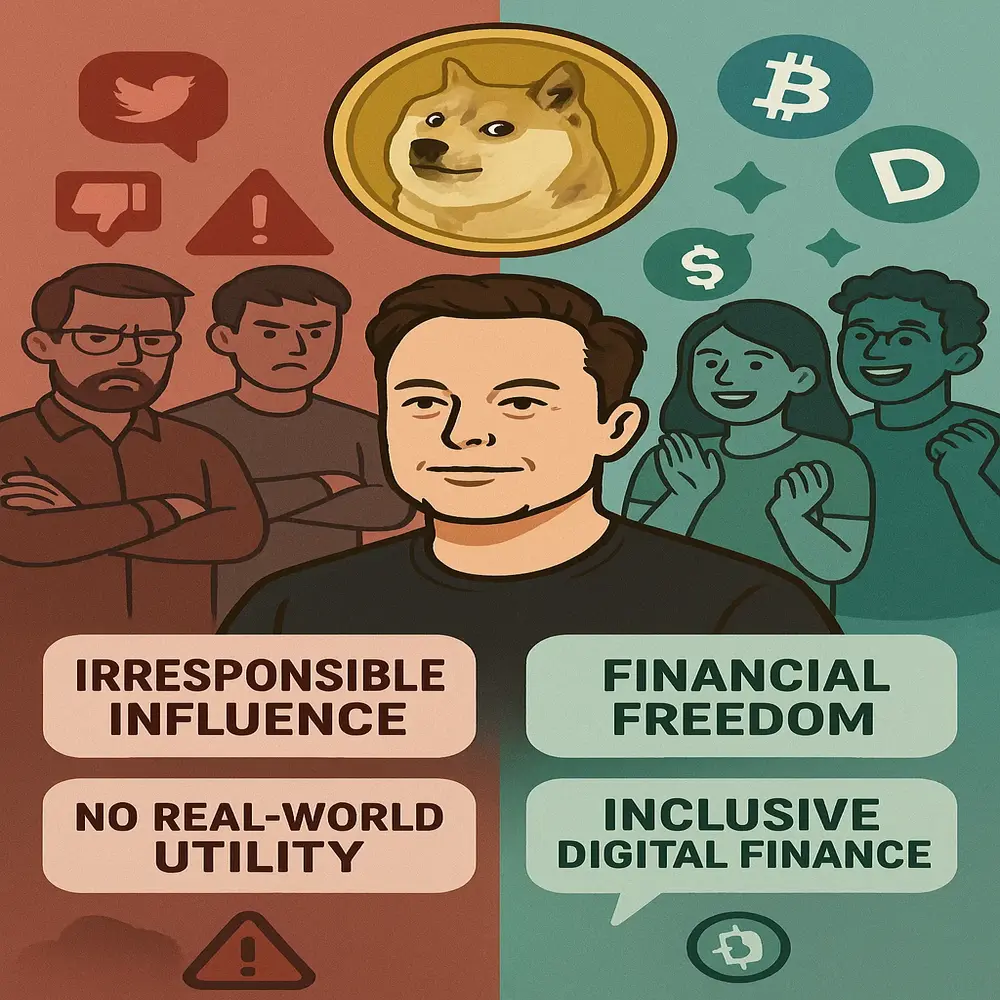 Illustration of divided opinions on Musk boosting Dogecoin, with critics highlighting risk and supporters praising financial freedom 
