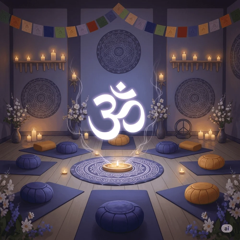Om symbol representing the sound of the universe, unity, and spiritual calm in yoga practice.