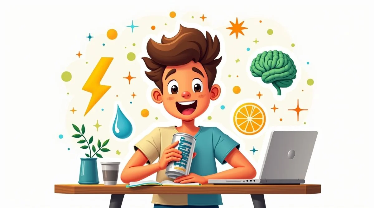 Person drinking a non-carbonated energy drink with benefits and side effects shown as icons.