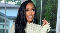 Porsha Williams wearing a stylish white gown, posing confidently.