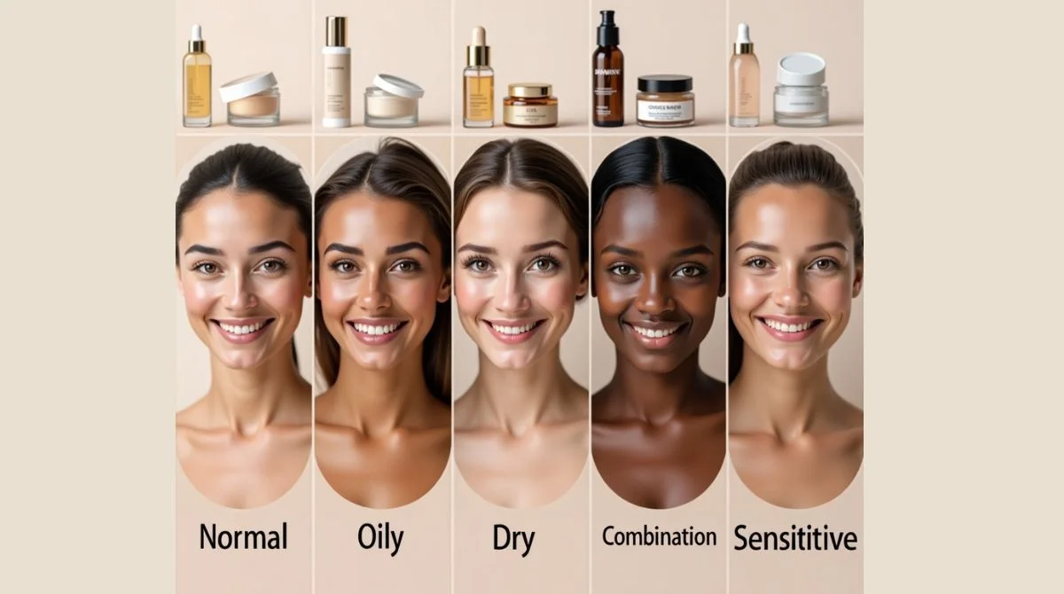 Portraits of women with different skin types, each surrounded by skincare products