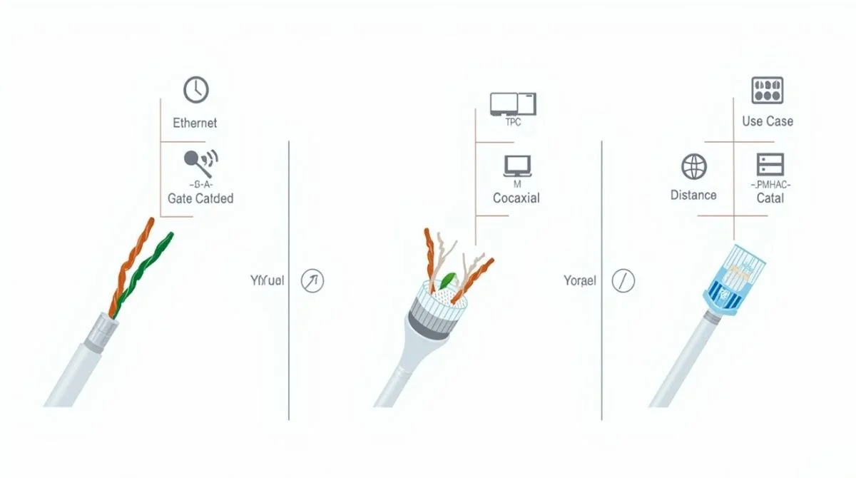 Professional infographic comparing Ethernet, Coaxial, and Fiber Optic internet cables by structure, speed, and use.