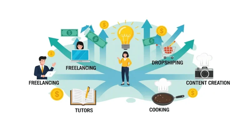 "Flat-style illustration of a person exploring profitable business ideas like freelancing, dropshipping, tutoring, cooking, and content creation with growth icons in the background"