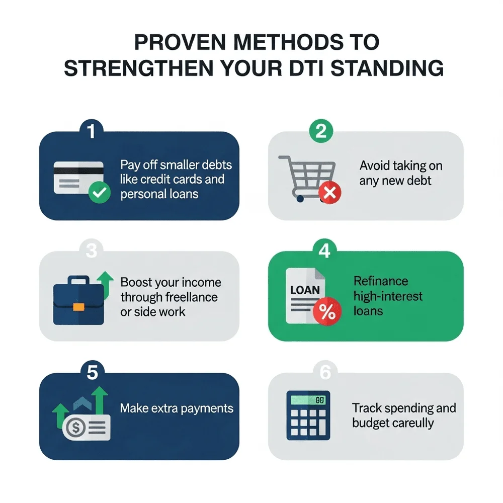 A modern infographic presents six clear steps to improve your DTI ratio using distinct icons and a clean, flat design with professional colors.