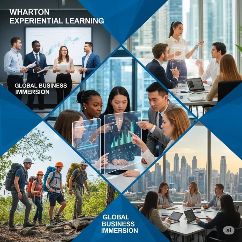 Wharton students engaged in real-world learning—managing investments, pitching startups, navigating leadership expeditions, and attending global classes in cities like Dubai and Singapore.
