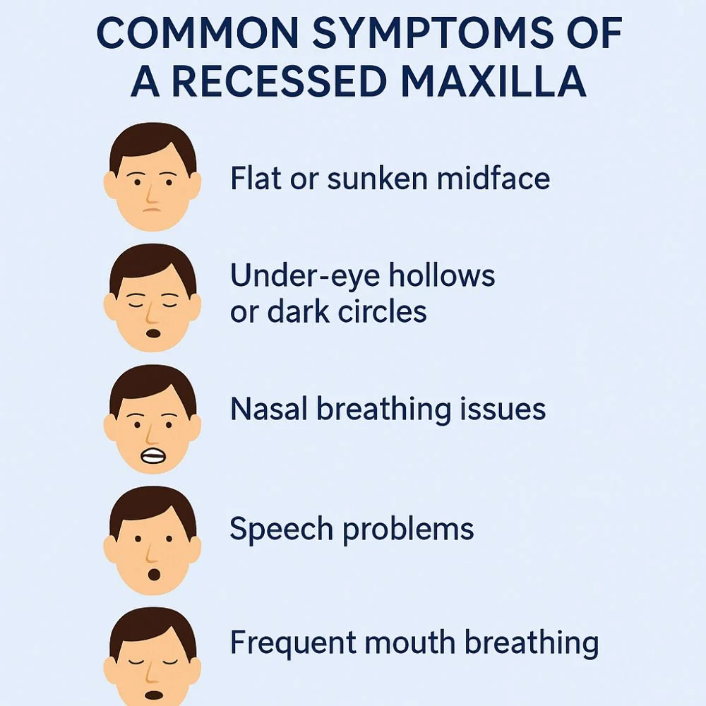 Infographic showing common symptoms of a recessed maxilla with simple face illustration