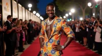 Celebrities posing in bold fashion at the 2025 Grammy Awards red carpet, featuring glamorous and futuristic outfits.