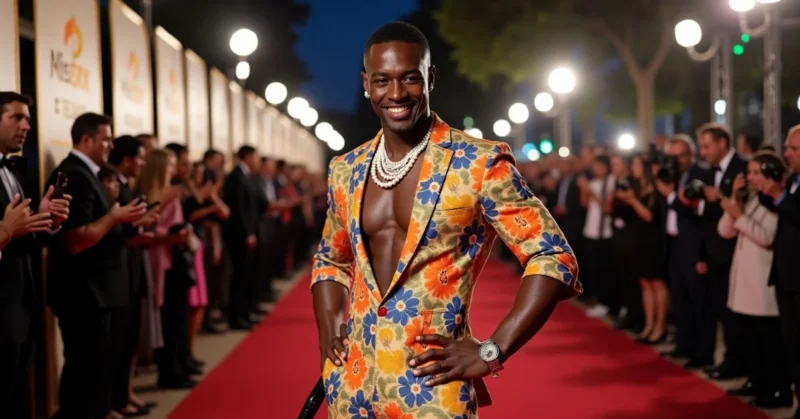 Celebrities posing in bold fashion at the 2025 Grammy Awards red carpet, featuring glamorous and futuristic outfits.