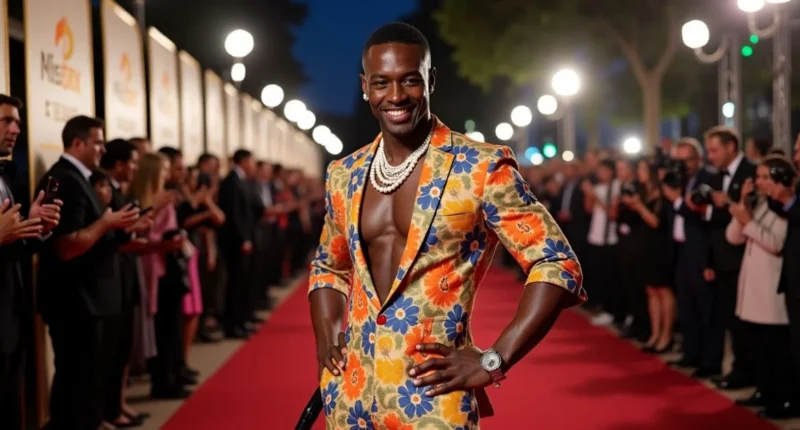Celebrities posing in bold fashion at the 2025 Grammy Awards red carpet, featuring glamorous and futuristic outfits.