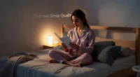 Person reading a book in bed under soft lighting to relax before sleep