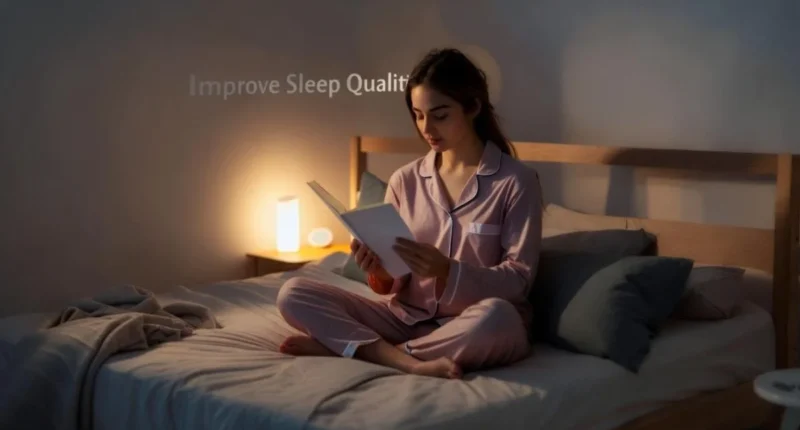 Person reading a book in bed under soft lighting to relax before sleep