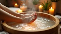A person soaking their feet in a wooden ionic foot bath with bubbling water, surrounded by candles, towels, and plants in a calm spa setting.