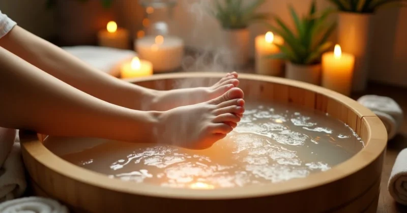 A person soaking their feet in a wooden ionic foot bath with bubbling water, surrounded by candles, towels, and plants in a calm spa setting.