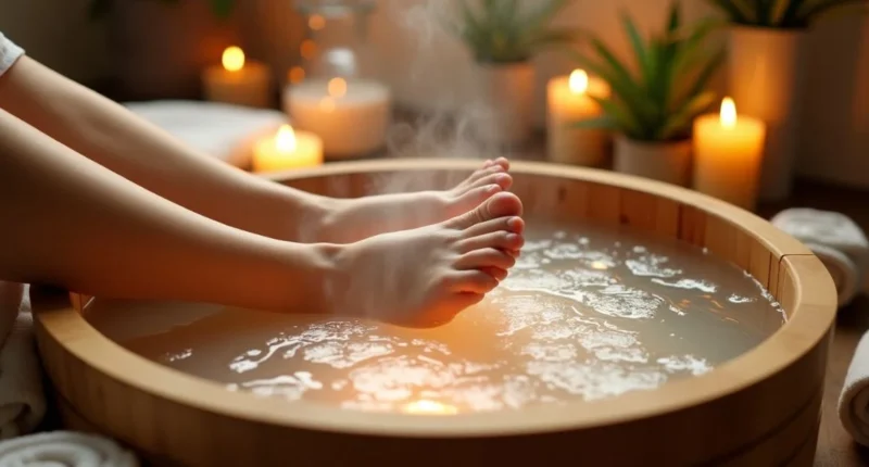 A person soaking their feet in a wooden ionic foot bath with bubbling water, surrounded by candles, towels, and plants in a calm spa setting.