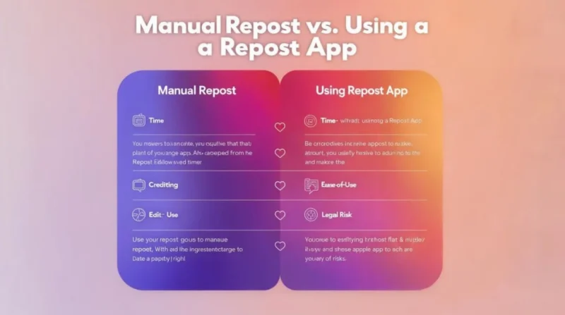 Side-by-side comparison of manually reposting on Instagram versus using repost apps.