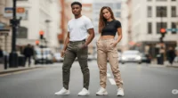 Young man and woman rock cargo pants with confidence in a modern city street, wearing olive green and beige styles that highlight casual streetwear fashion for the season.
