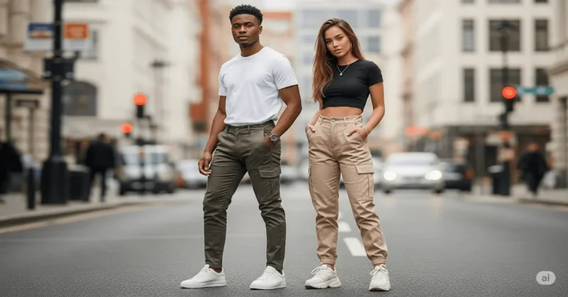 Young man and woman rock cargo pants with confidence in a modern city street, wearing olive green and beige styles that highlight casual streetwear fashion for the season.