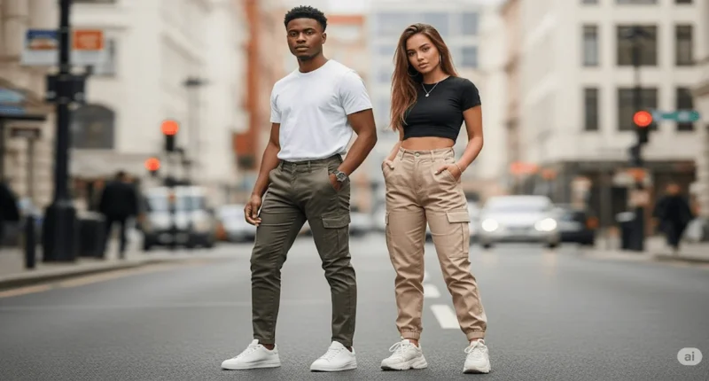 Young man and woman rock cargo pants with confidence in a modern city street, wearing olive green and beige styles that highlight casual streetwear fashion for the season.