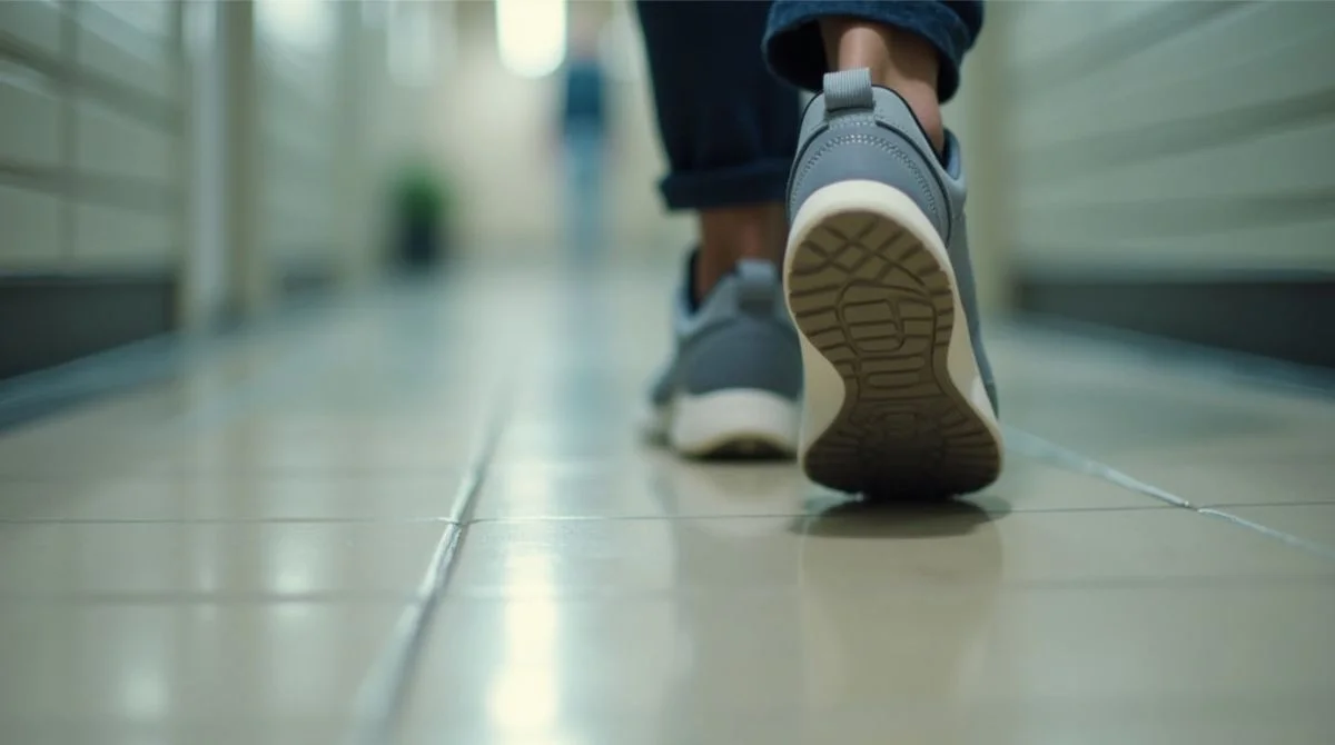 Rubber-soled sneakers squeaking on a smooth tile floor mid-step