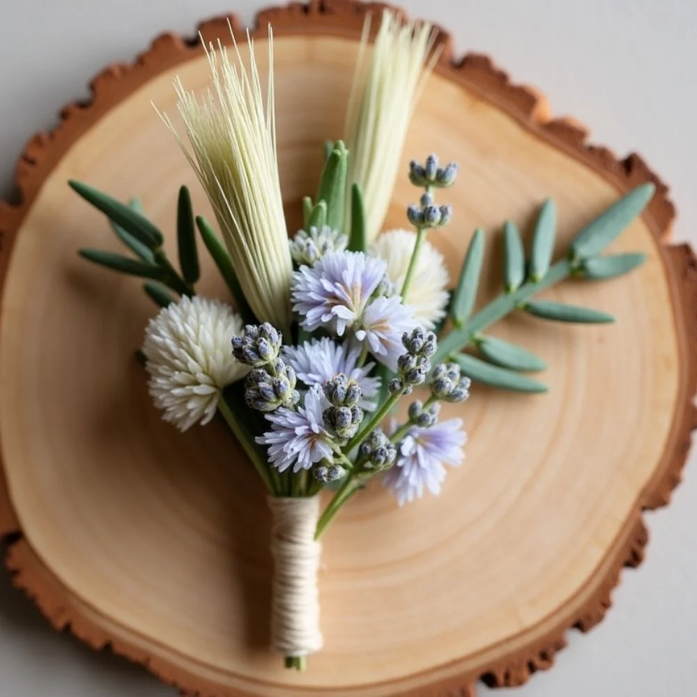A boutonnière made with pampas grass, bunny tails, lavender, and eucalyptus tied with twine on a wooden slice