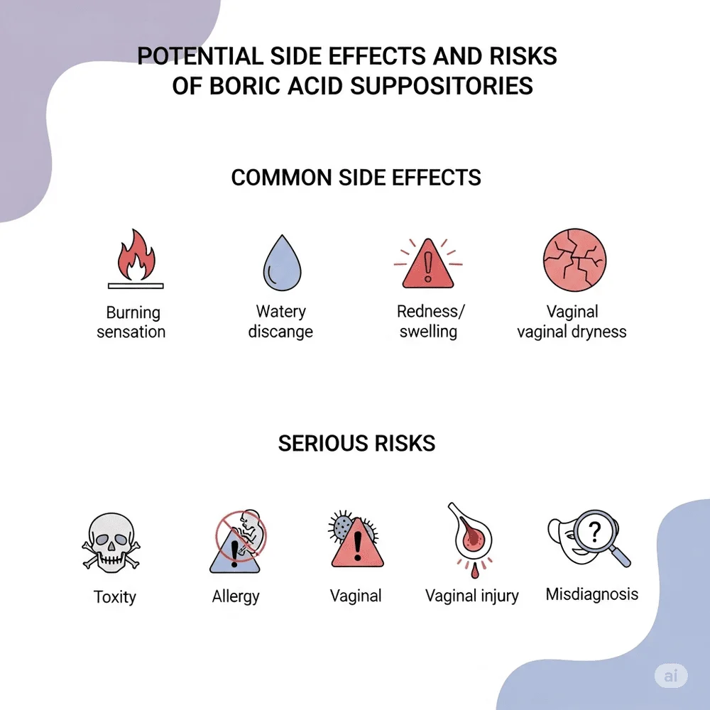 “Infographic with icons showing common and serious side effects of boric acid suppositories on a pastel medical background.”