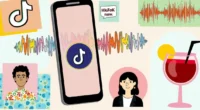 ollage of smartphone screen featuring TikTok reels, trending words, photo carousel, virtual influencer avatar and a Hugo Spritz drink.”