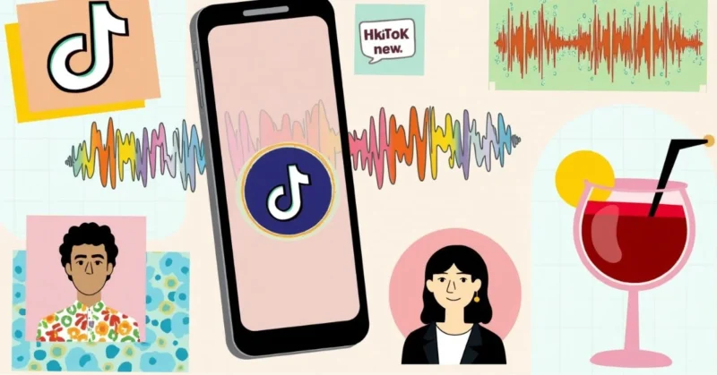 ollage of smartphone screen featuring TikTok reels, trending words, photo carousel, virtual influencer avatar and a Hugo Spritz drink.”